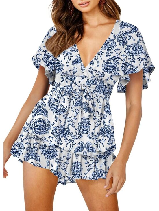 Pants - Womens Blue White Floral Floral Print Deep V Neck Double Layer Ruffle Hem Romper
